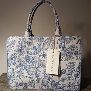 Antik Kraft Blue Floral Women's Bag With Clutch Jacquard Book Tote